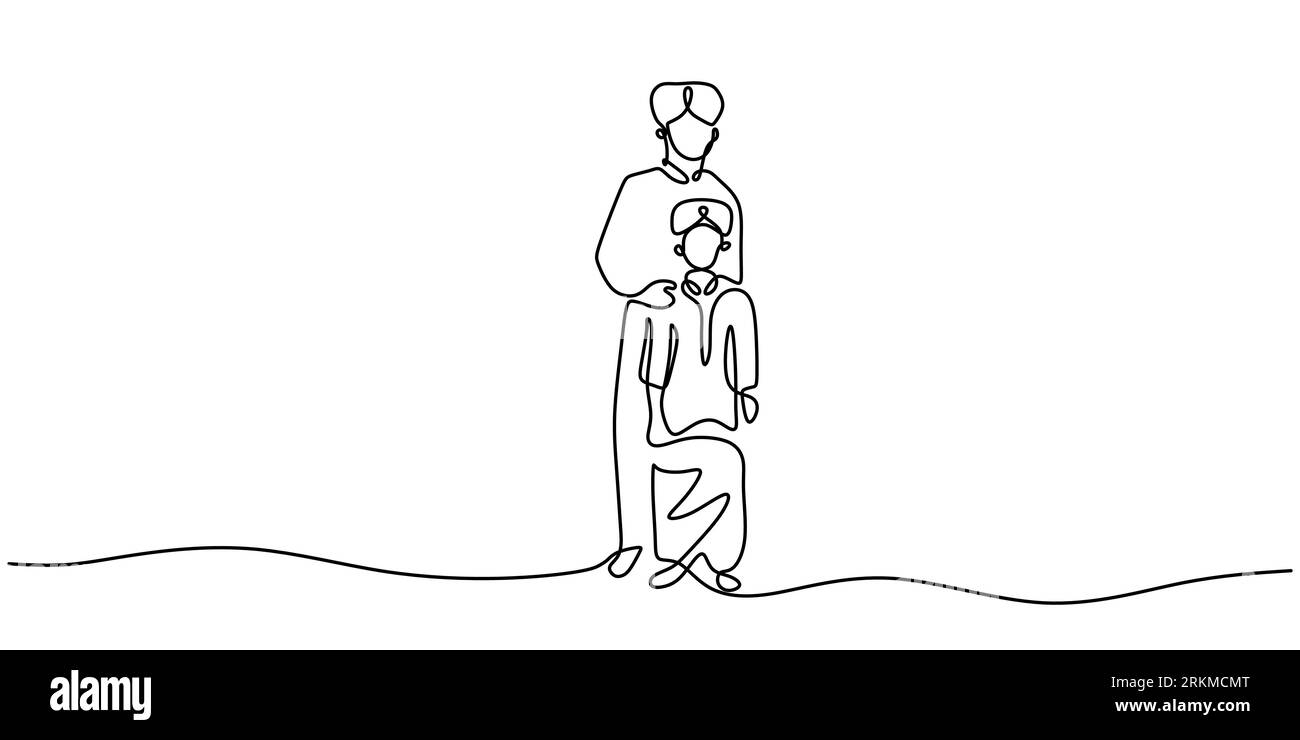 Eine einzige Linie von indischem Vater und seinem Sohn, die traditionelle Kleidung auf weißem Hintergrund tragen. Stock Vektor
