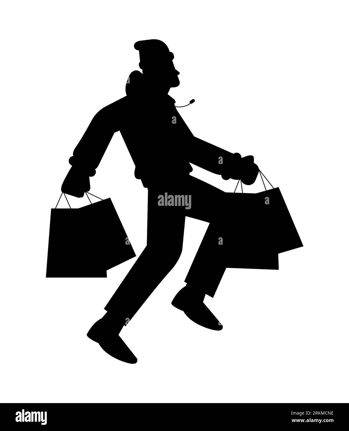 Ganzkörperfoto eines jungen Mannes, der Einkaufstaschen hält, schwarze Silhouette eines Mannes, der Einkaufstaschen in den Händen trägt, Vektor isoliert auf weiß Stock Vektor