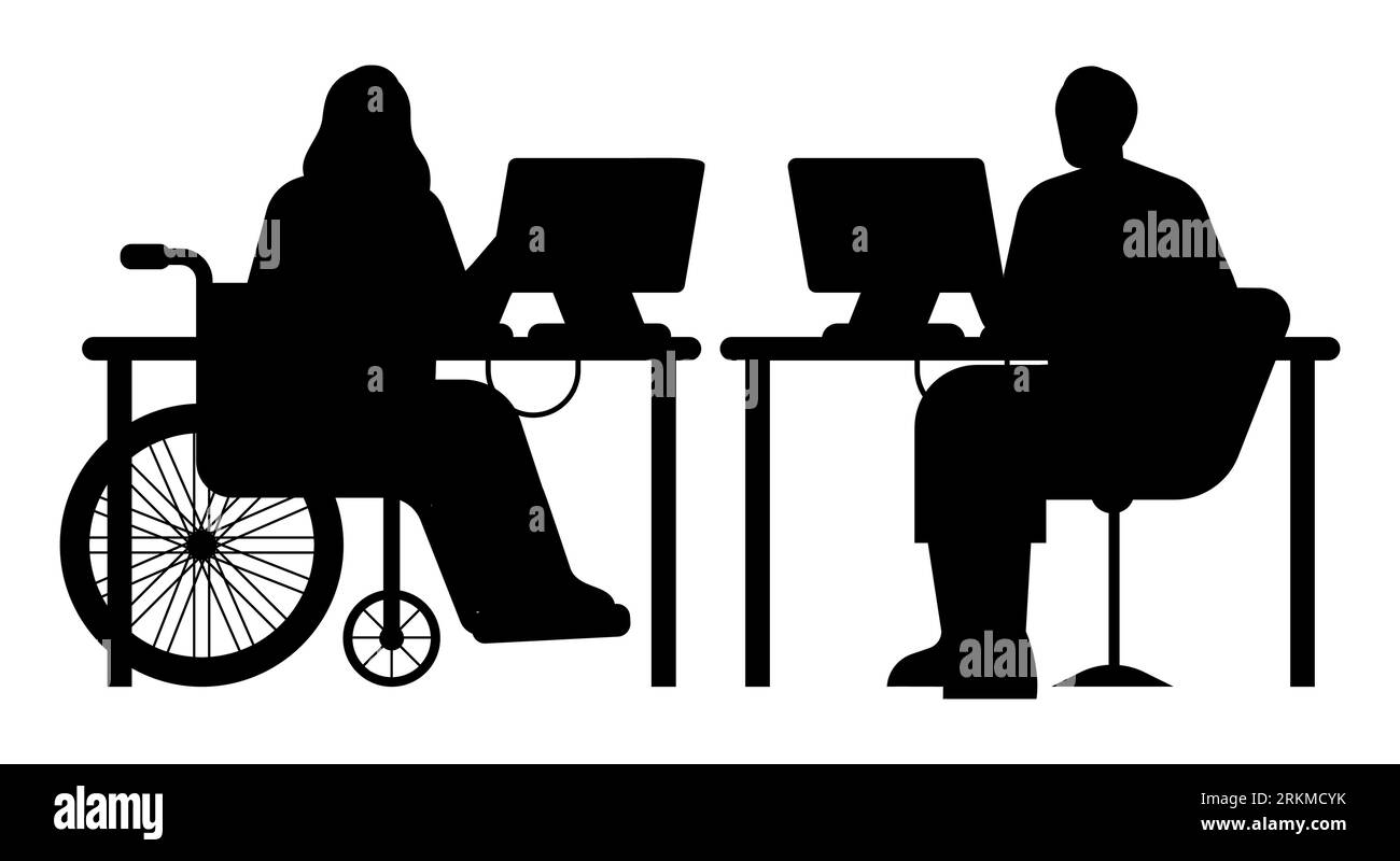 Schwarze Silhouette von zwei weiblichen und männlichen Mitarbeitern, die in einem Unternehmen arbeiten, einem fleißigen Mitarbeiter im Rollstuhl, behinderten Mitarbeitern, die an Computern arbeiten Stock Vektor