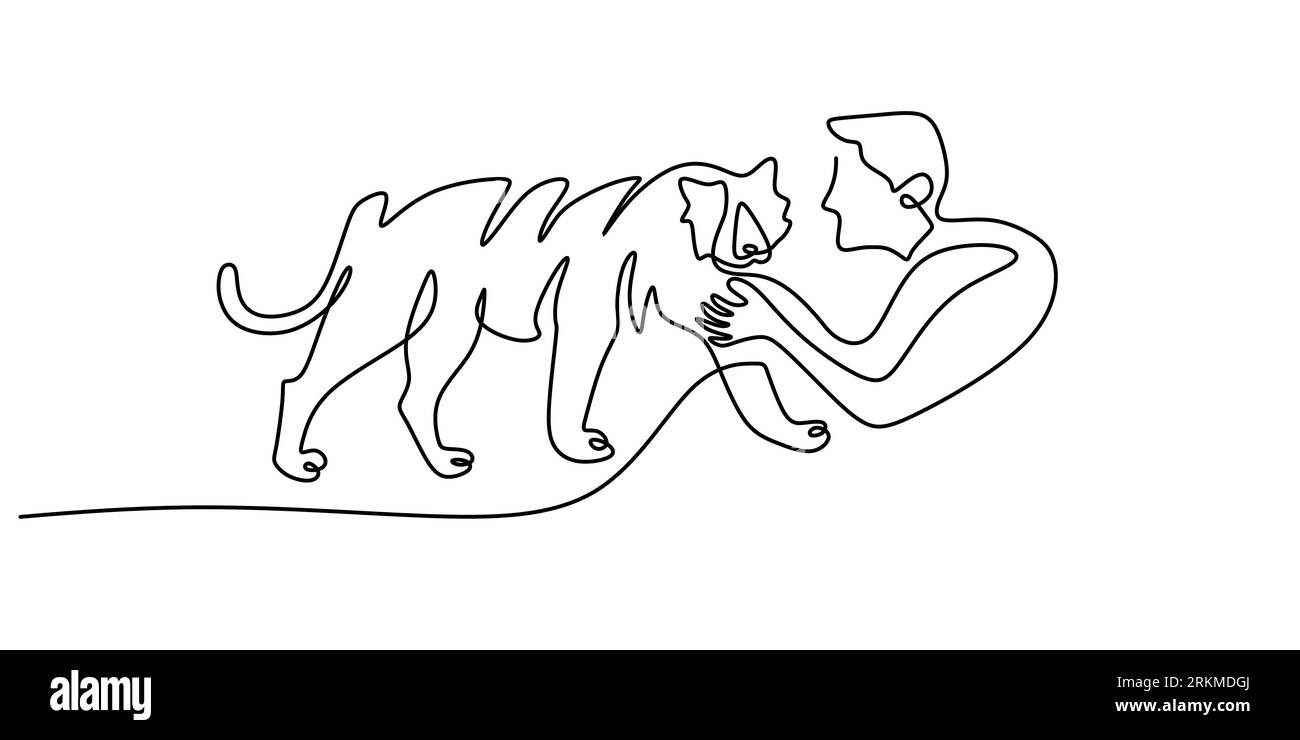 Eine einzige Linie des Mannes, der mit einem großen Tiger auf weißem Hintergrund spielt Stock Vektor