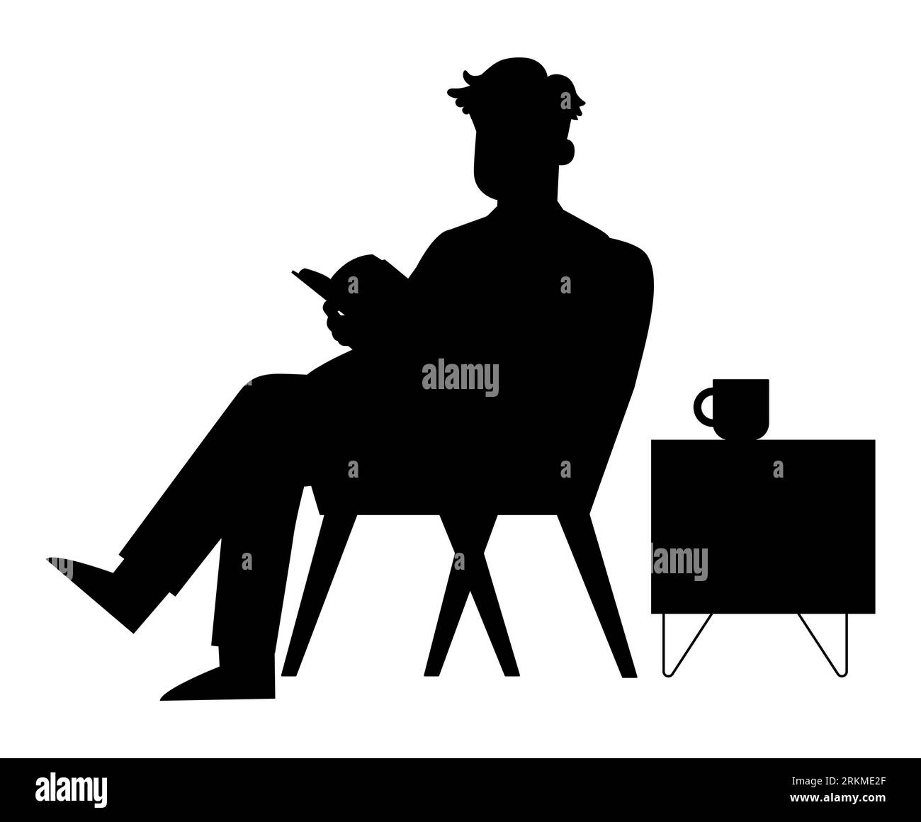 Schwarze Silhouette eines Mannes, der auf einem Stuhl sitzt und ein Buch liest, gewöhnliche Menschen, einfacher und gesunder Lebensstil, ein männlicher Buchleser, Vektor isoliert Stock Vektor