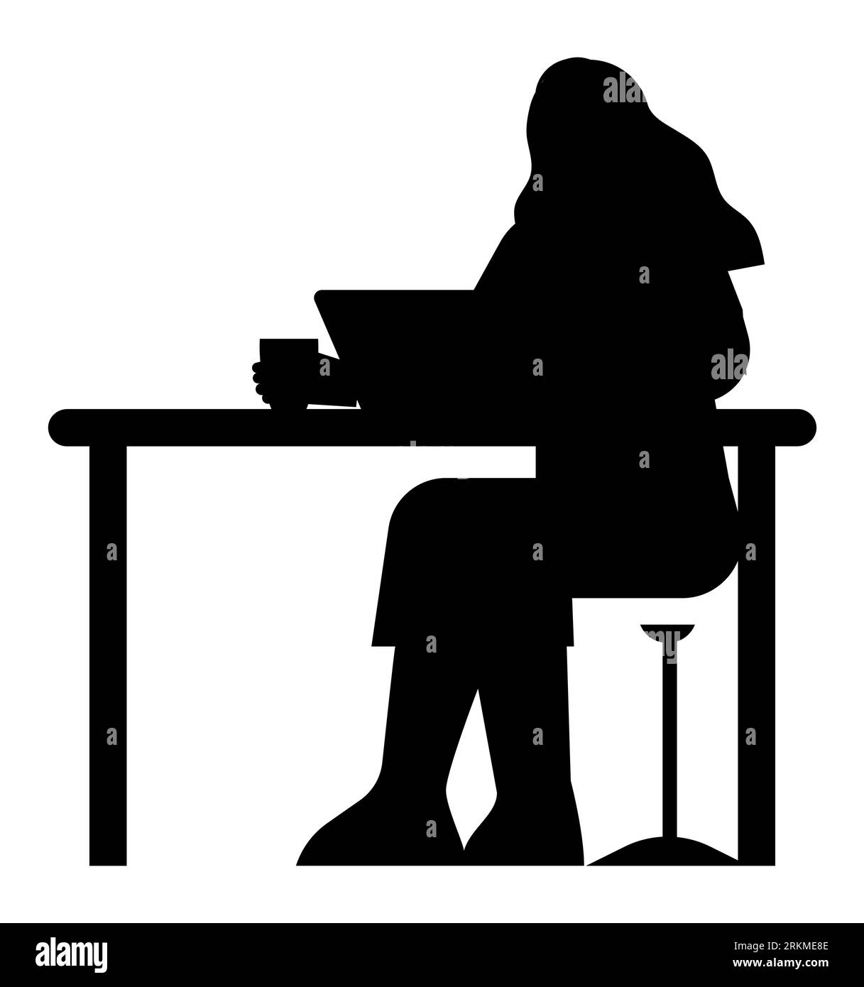 Schwarze Silhouette einer Frau, die am Laptop arbeitet, eine rätselhafte Frau im digitalen Bereich, in der Technologie und im modernen Lebensstil, Vektorillustration auf weiß Stock Vektor