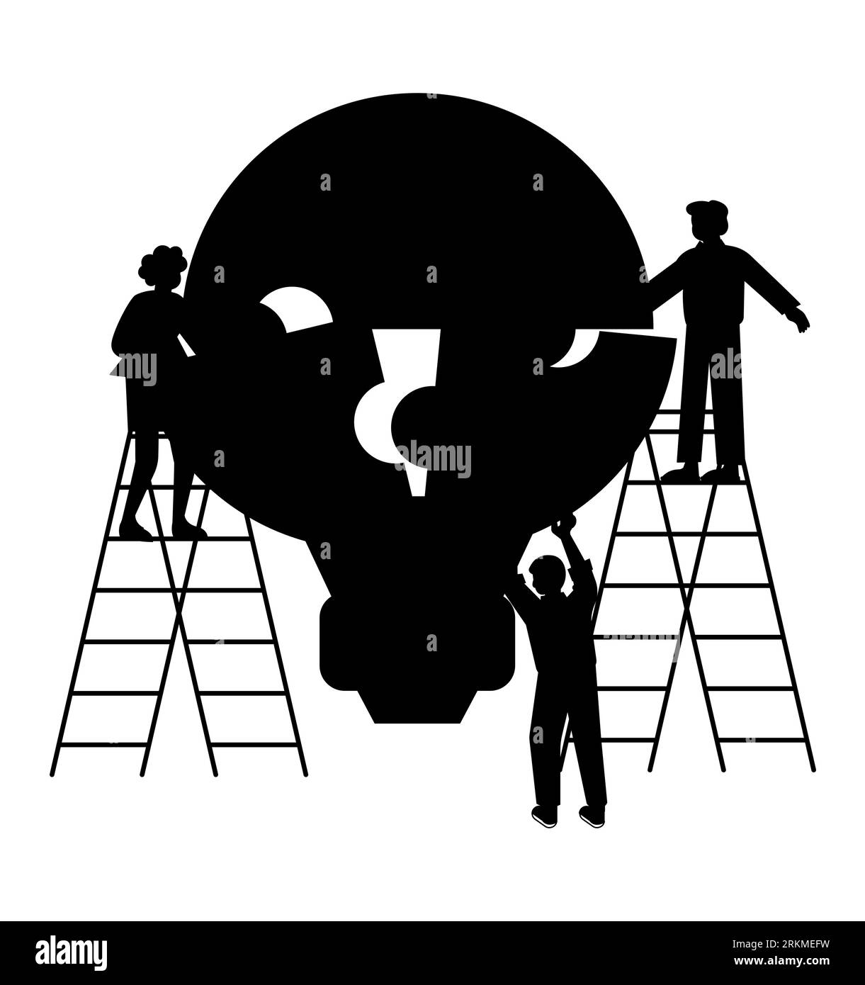 Schwarze Silhouette von Kollegen mit Puzzleteilen einer Glühbirne, Gruppe von Mitarbeitern, die Kreativität und Strategieentwicklung zeigen, neue Ideen entwickeln, Teamarbeit Stock Vektor
