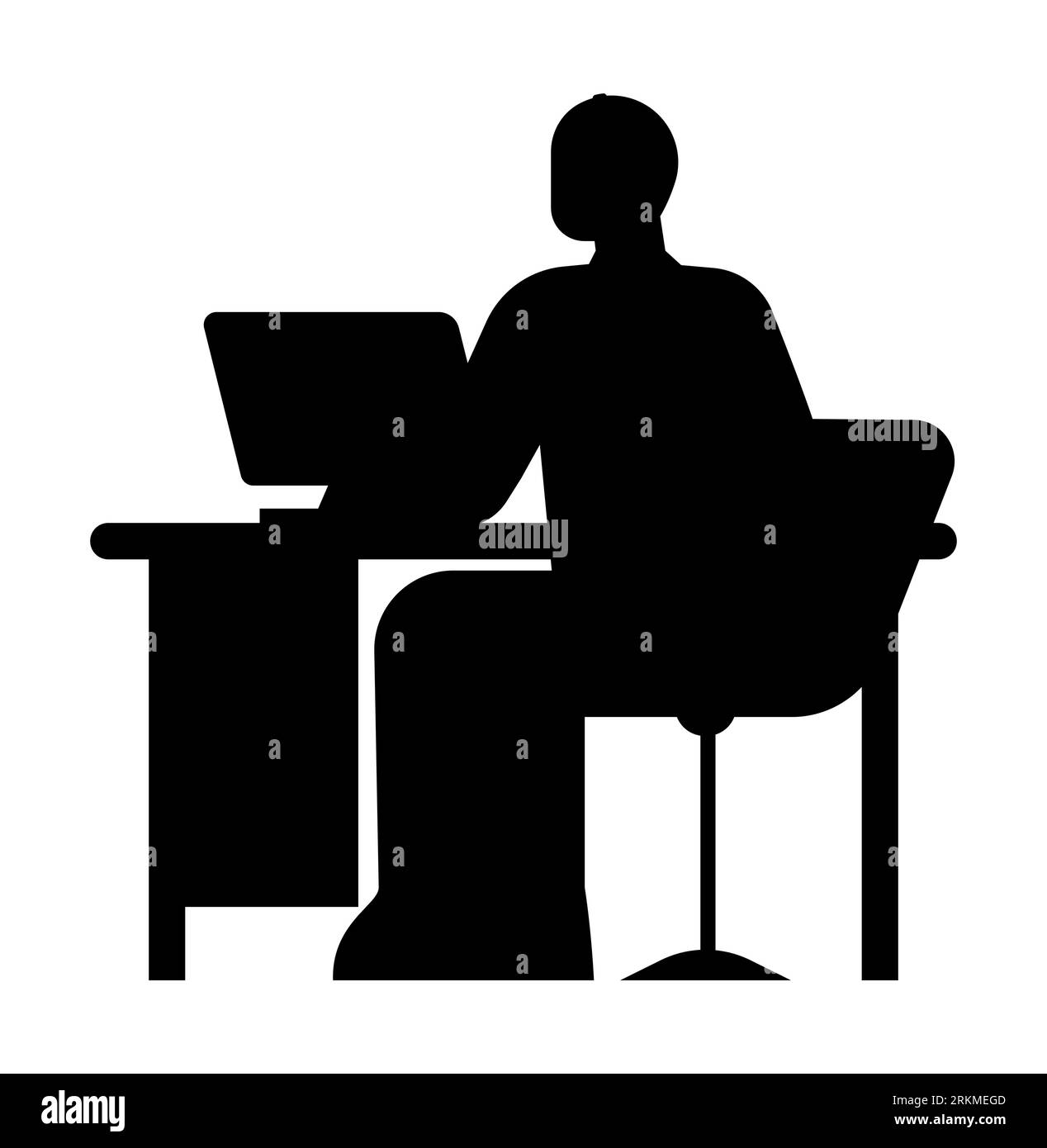 Schwarze Silhouette eines Mannes, der auf einem Laptop schreibt, organisierte männliche Mitarbeiter, die sich in Remote-Büros auszeichnen, vektorisolierte Kunstwerke, die moderne Produktivität darstellen Stock Vektor
