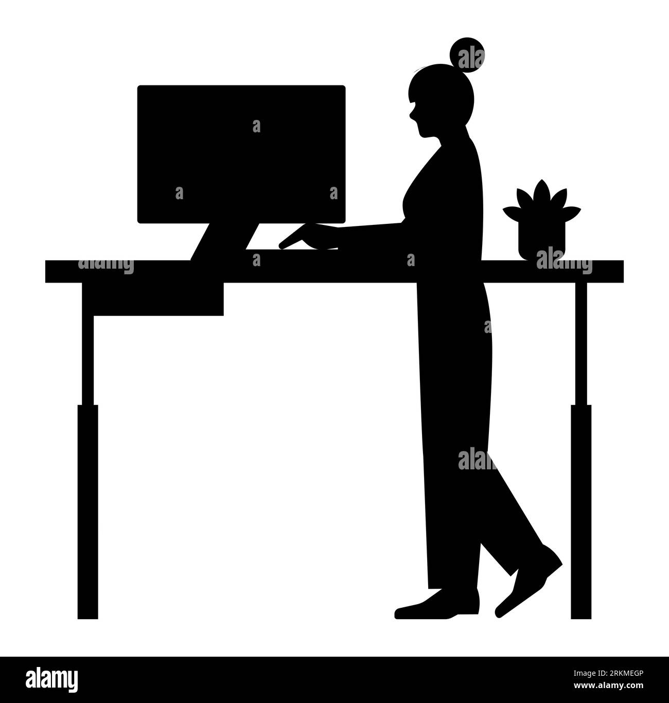 Schwarze Silhouette einer Frau, die einen Laptop verwendet, ruhige professionelle Frau im virtuellen Büro, friedliche Remote-Arbeitsszene, Vektorillustration auf weiß Stock Vektor