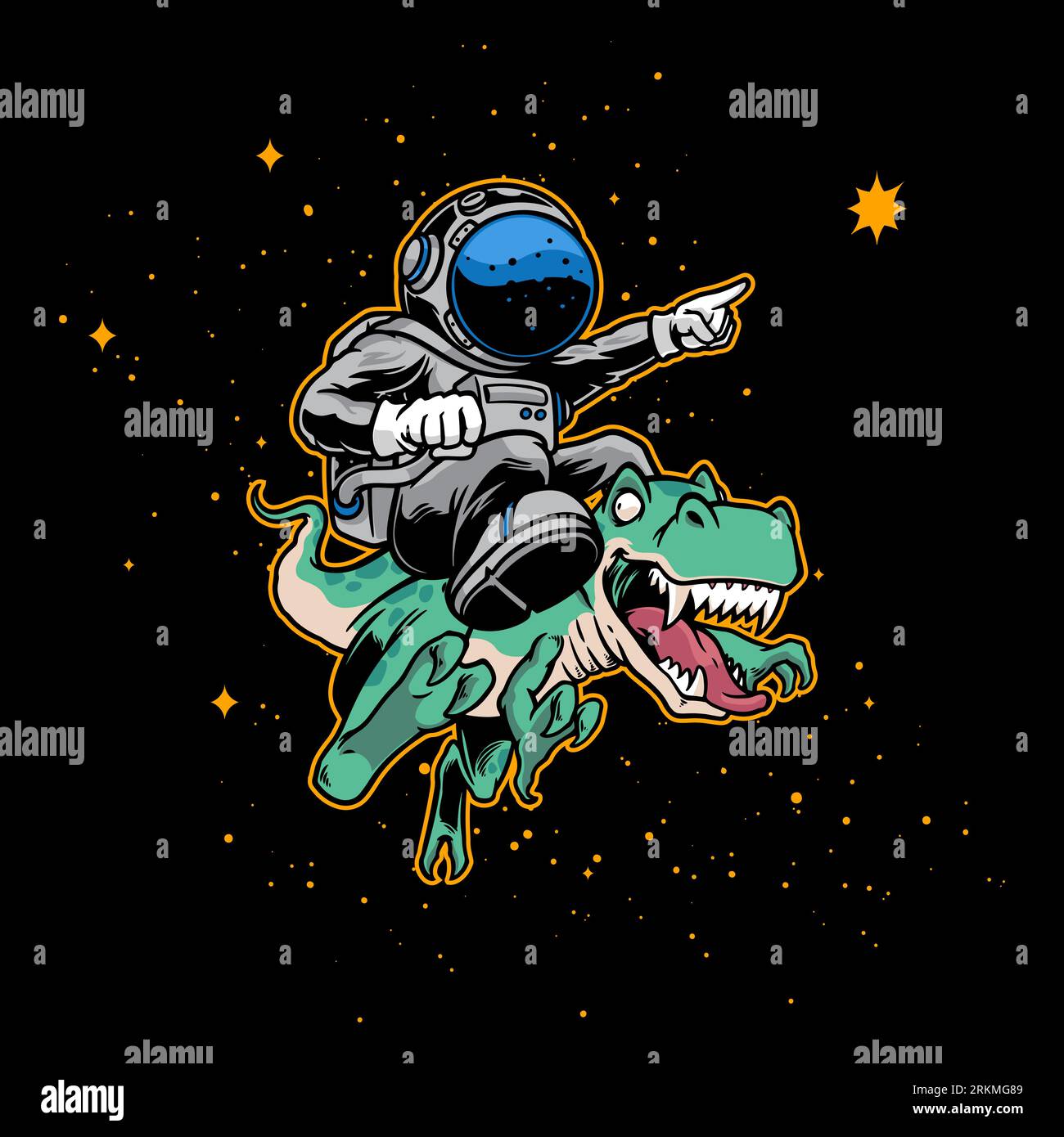 Hand drawn of astronaut riding dinosaurs on black space in green, grey, blue and gold color. Stock Vektor