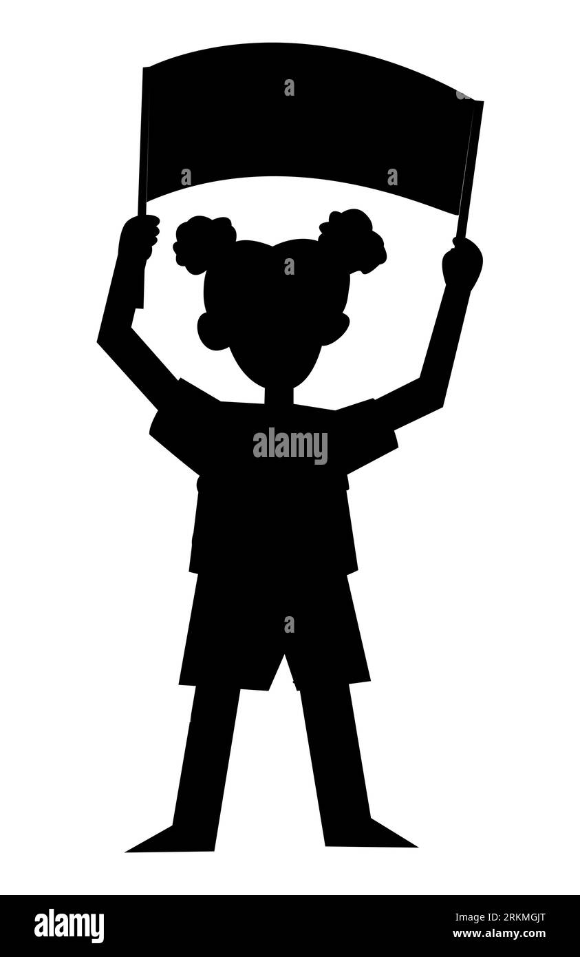 Schwarze Silhouette eines weiblichen, Banner führenden Demonstranten, der Veränderung fordert, Vektorillustration isoliert auf weißem Hintergrund, Zeichentrickfiguren Stock Vektor