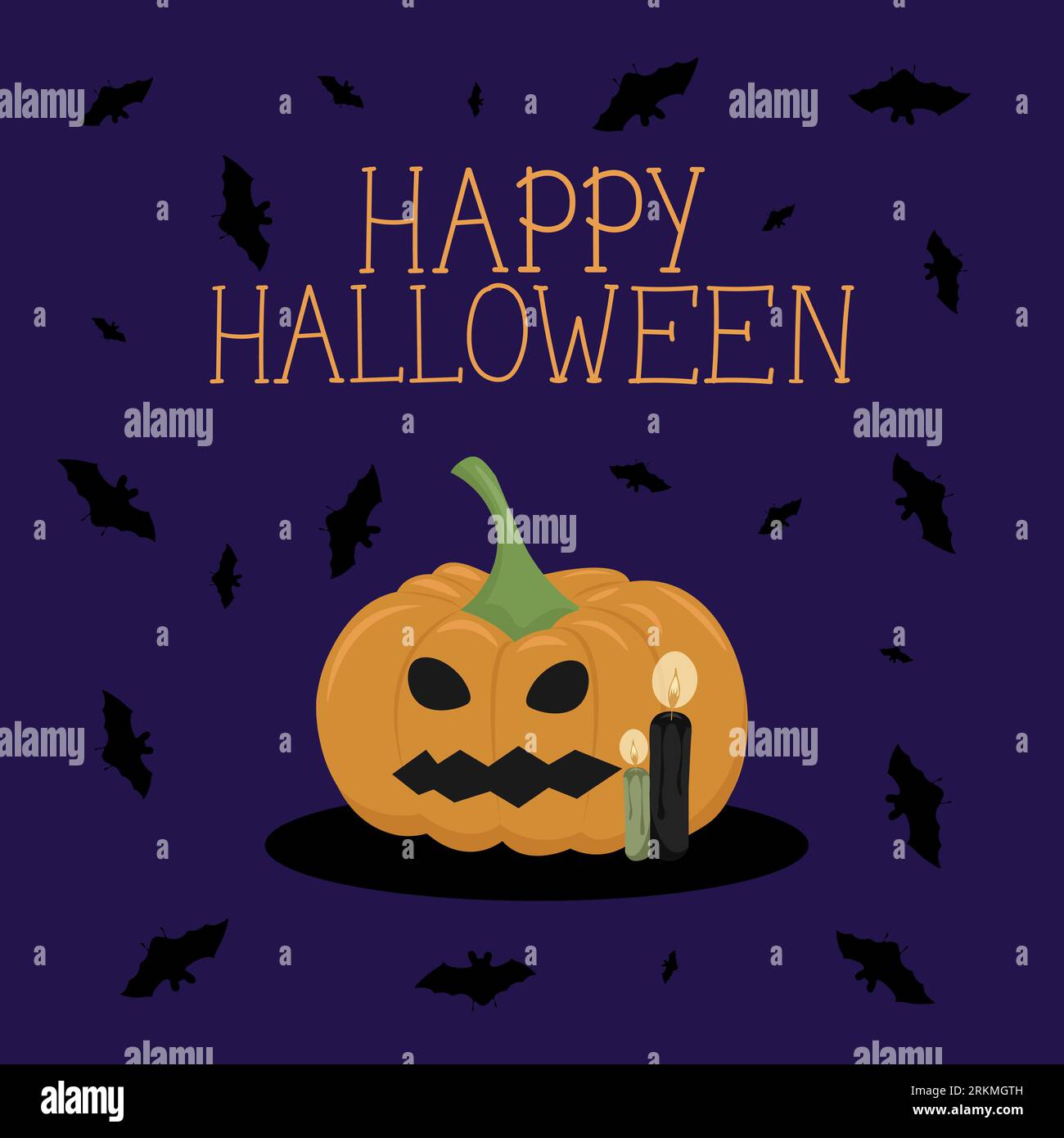 Die Vektorillustration von Happy Halloween kann als Banner oder Grußkarte verwendet werden. Kürbis, Fledermäuse und Kerzen auf violettem Hintergrund. Stock Vektor