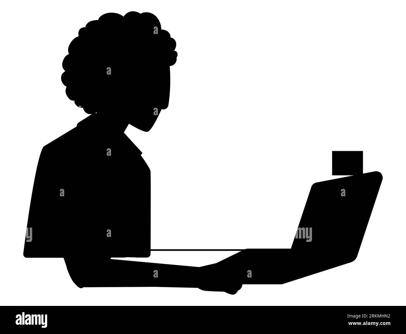 Schwarze Silhouette einer Firmenfrau, die auf einem Laptop arbeitet, von zu Hause aus arbeitet, unabhängiger weiblicher Vektor isoliert auf weißem Hintergrund Stock Vektor