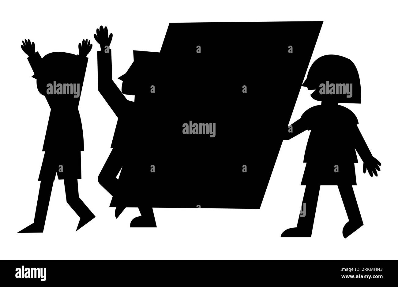 Schwarze Silhouette von Menschenrechtsaktivisten, die mit Plakaten protestieren, Vektorillustration isoliert auf weißem Hintergrund, Zeichentrickfiguren Stock Vektor