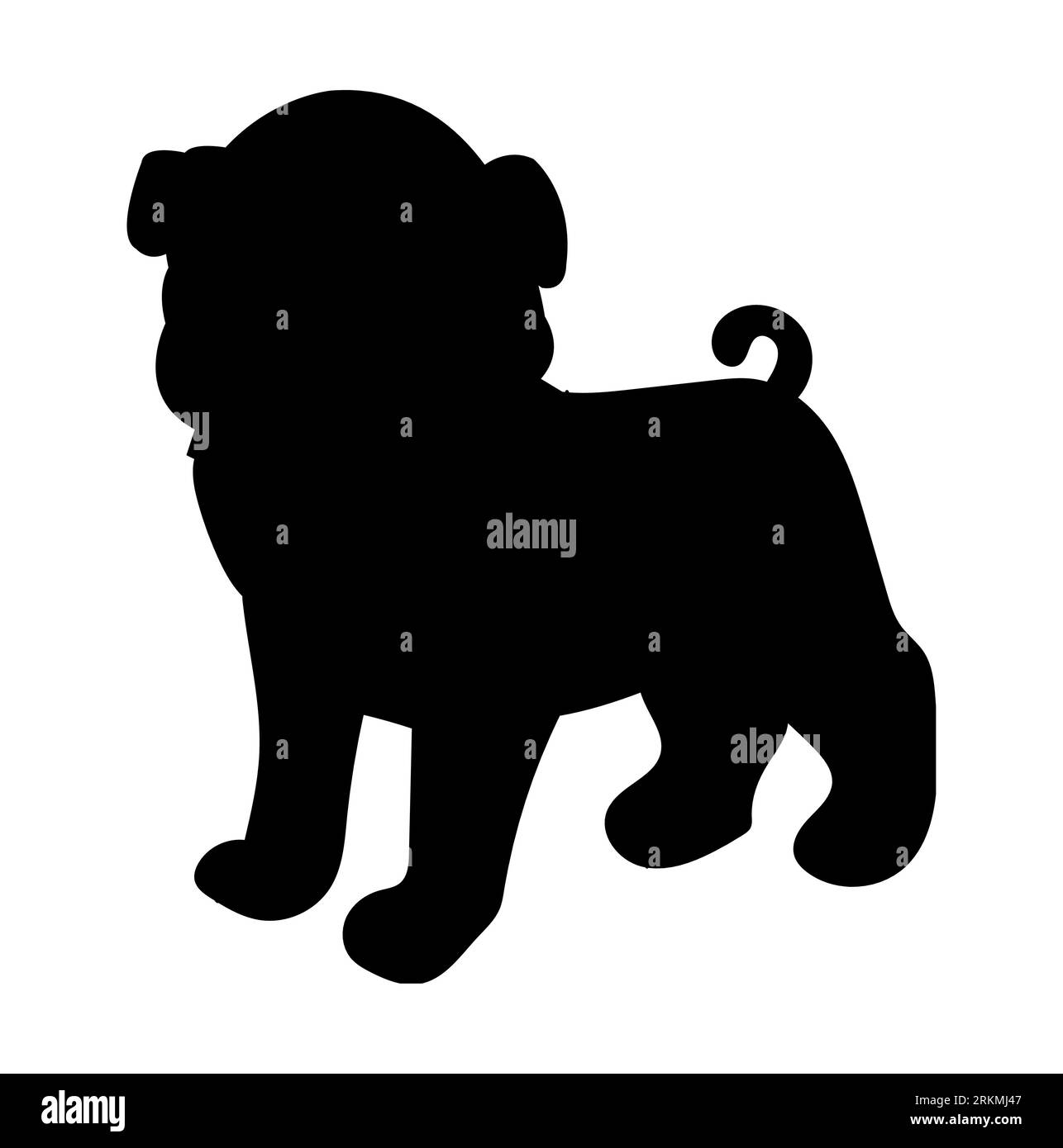 Schwarze Silhouette eines süßen kleinen Mops Hund, süße Welpe Haustier Vektor isoliert auf weißem Hintergrund Stock Vektor