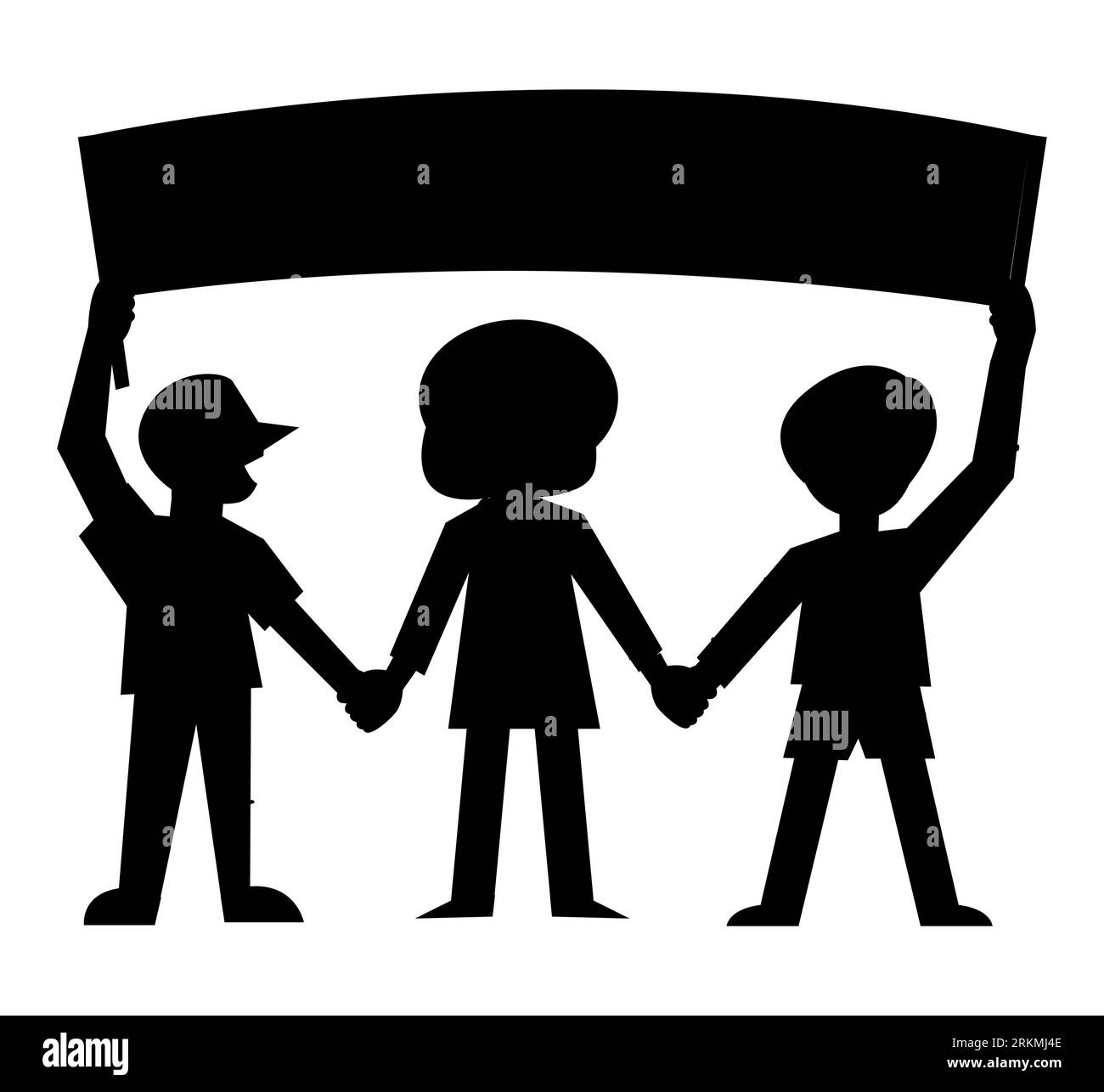 Schwarze Silhouette des Protestes für Rechte: Menschen mit Bannern, Vektorillustration isoliert auf weißem Hintergrund, Zeichentrickfiguren Stock Vektor