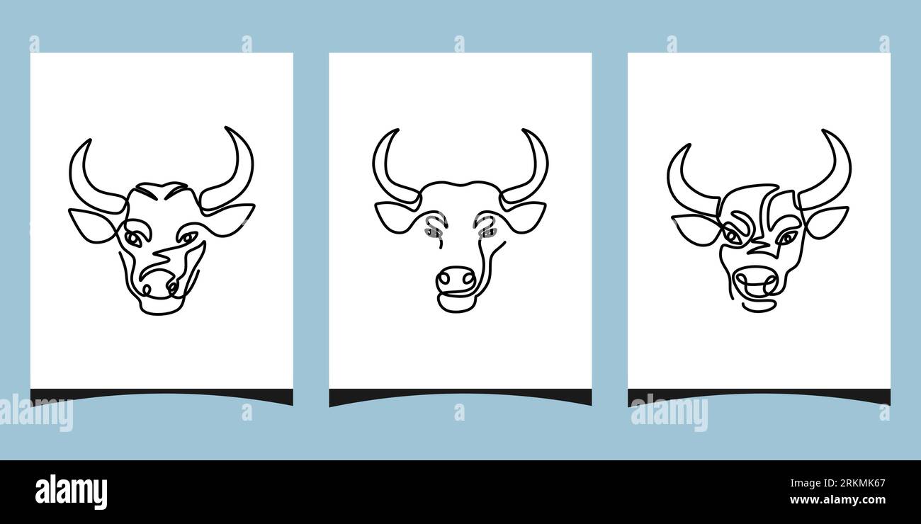 One continuous single line of three buffalo heads poster banner isolated on blue color. Stock Vektor