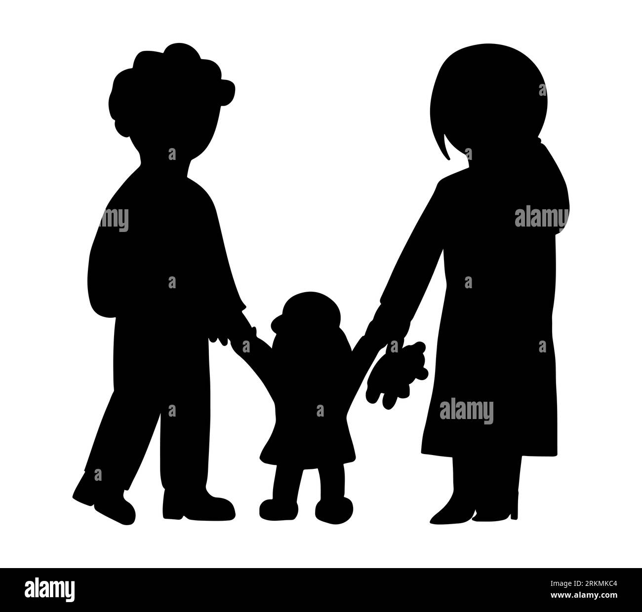Schwarze Silhouette einer nuklearen Familie stehend, Mutter und Vater halten die Hände ihrer Tochter, Eltern lieben Vektor isoliert auf weißem Hintergrund Stock Vektor