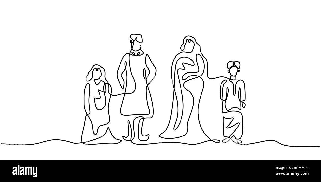 Durchgehend eine einzige Linie indischer Familie, die traditionelle Kleidung auf weißem Hintergrund trägt. Stock Vektor