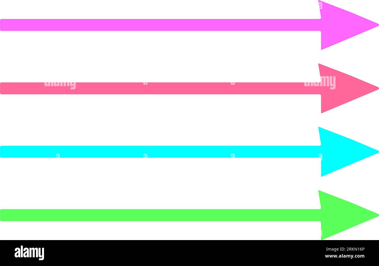 Long horizontal arrows. Straight colored green, pink, blue, red arrows. Vector icons. Stock Vektor