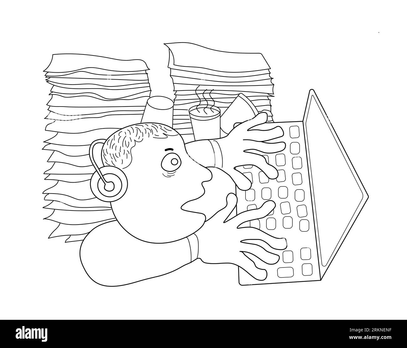 Überarbeiteter Mann, der Tastatur am Computer schreibt. Ausbrennen, frustriert und müde. Abbildung Handzeichnung auf weißem Hintergrund. Stockfoto