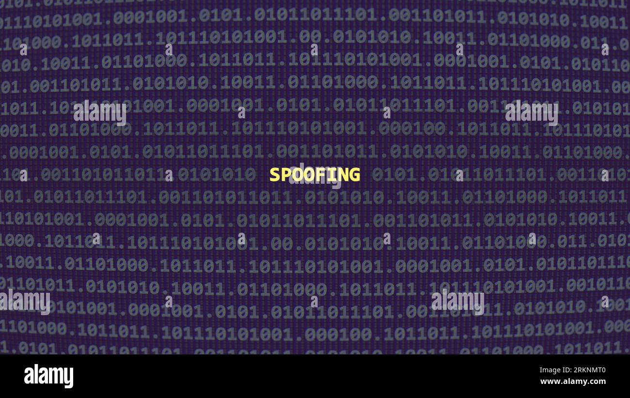 Spoofing bei Cyberangriffen. Vulnerability Text in binärem System ascii Art-Stil, Code auf dem Editorbildschirm. Text in Englisch, englischer Text Stockfoto