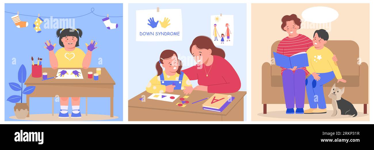 Drei flache Abwärtssyndrom Icon Set mit einem Mädchen macht Handabdrücke auf Papier ein Lehrer führt die Lektion ein Erwachsener liest ein Buch zu einem Kindervektor Stock Vektor