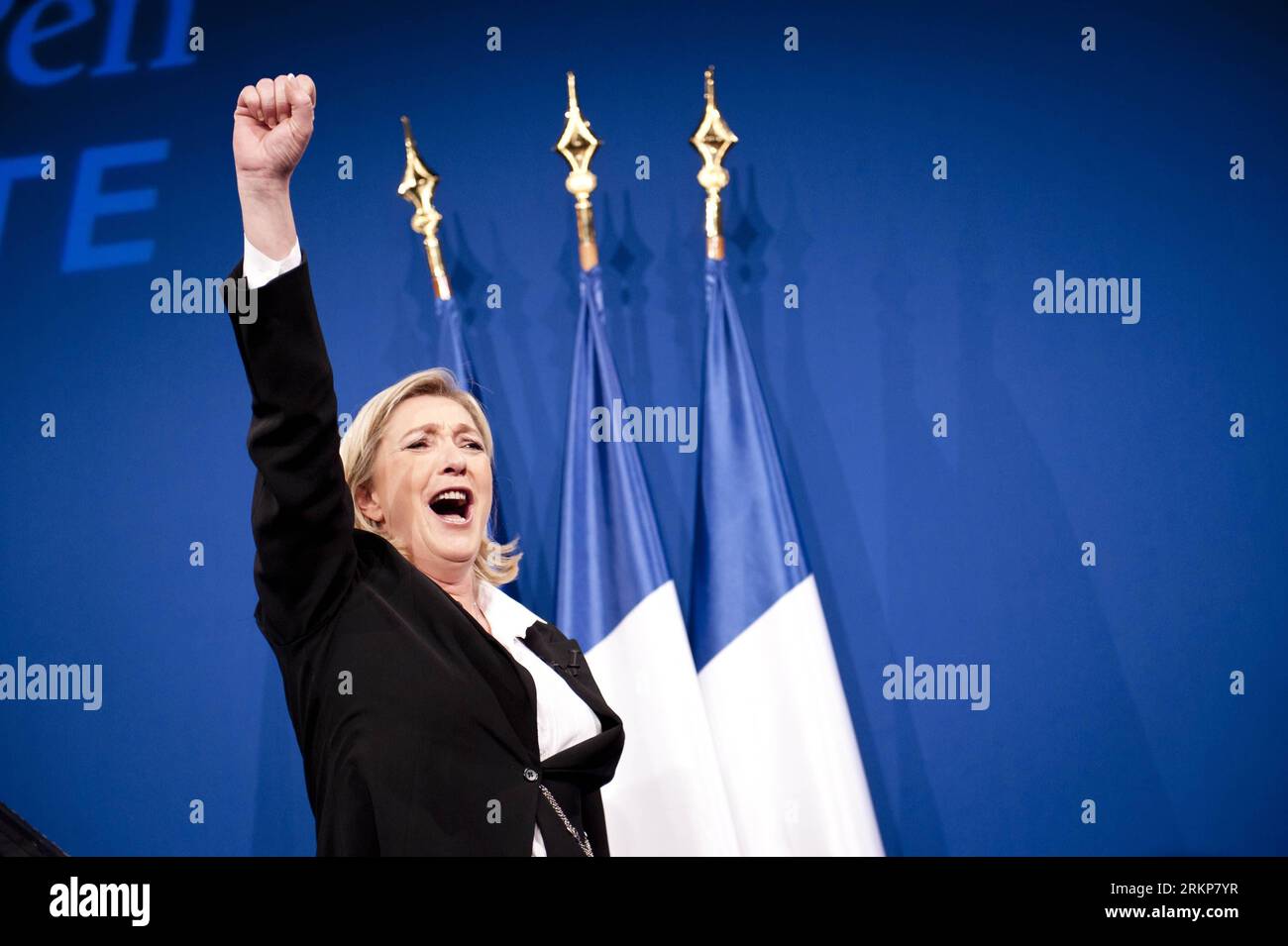 (120423) -- PARIS, 23. April 2012 (Xinhua) -- die Kandidatin der Nationalfront Marine Le Pen spricht bei einer Kundgebung nach der ersten Runde der französischen Präsidentschaftswahl 2012 in Paris, Frankreich, am 22. April 2012. Marine Le Pen belegte mit rund 19,3 Prozent der Stimmen den dritten Platz und zog mit ihren rechtsextremen Vorschlägen, einschließlich der Einwanderungsfeindlichkeit, eine überraschend hohe Anzahl von Wählern an. (Xinhua/Etienne Laurent) FRANKREICH-PARIS-PRÄSIDENTSCHAFTSWAHL-ERSTE RUNDE PUBLICATIONxNOTxINxCHN 120423 Paris 23. April 2012 XINHUA National Front Candidate Navy Le Pen spricht BEI einer Rallye nach der ersten Runde der Stockfoto