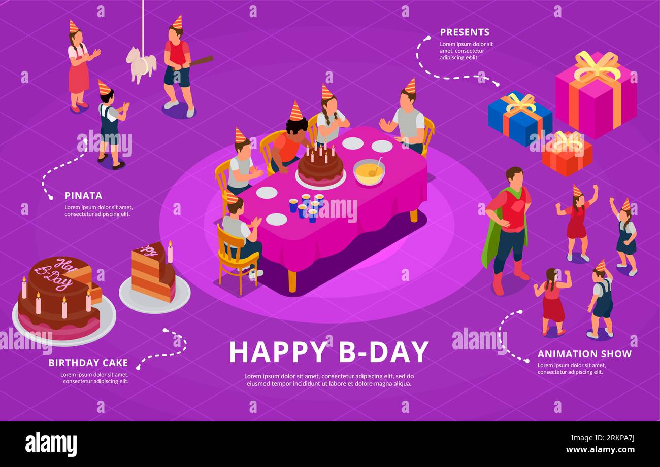 Isometrische Infografik mit Kindern auf der Geburtstagsfeier mit Animation Show Cake Pinata präsentiert Vektorillustration Stock Vektor