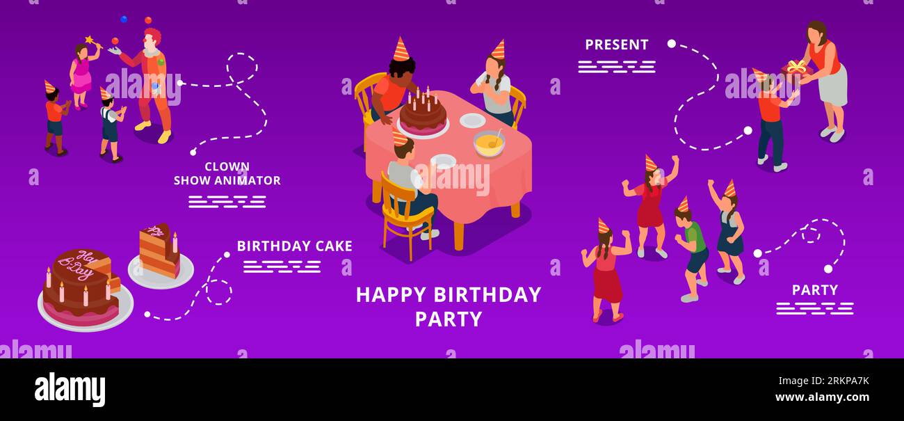 Kinder Geburtstagsfeier isometrische Infografik mit Kuchen und Kinder haben Spaß auf lila Hintergrund Vektor-Illustration Stock Vektor