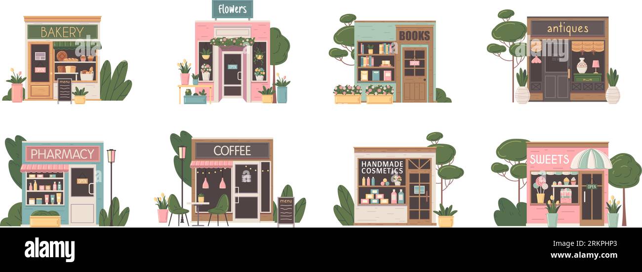 Kleine Geschäftsfassaden Flat Set mit Bäckerei Apotheke Blumenbücher Antiquitäten Kosmetik Süßigkeiten Cafés isolierte Vektorillustration Stock Vektor