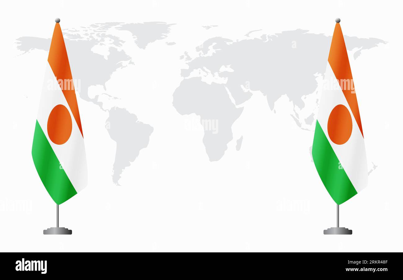 Niger und Niger Flaggen für offizielles Treffen vor dem Hintergrund der Weltkarte. Stock Vektor