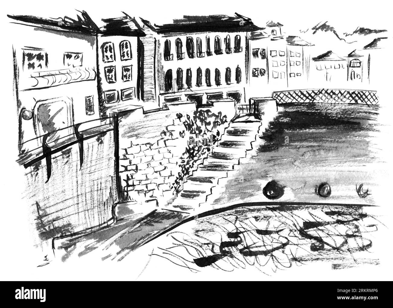 Schwarzweiß-Farbtinte, Straßenkanalskizze. Stockfoto