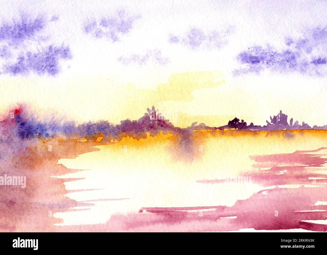 Wasserfarben lila Sonnenuntergang Sonnenaufgang Fluss See Landschaft. Stockfoto