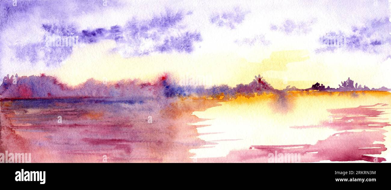 Wasserfarben lila Sonnenuntergang Sonnenaufgang Fluss See Landschaft. Stockfoto