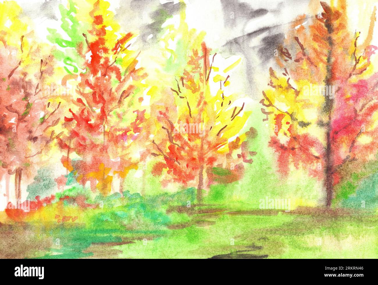 Aquarellrot-gelbe Herbstwaldlandschaft. Stockfoto