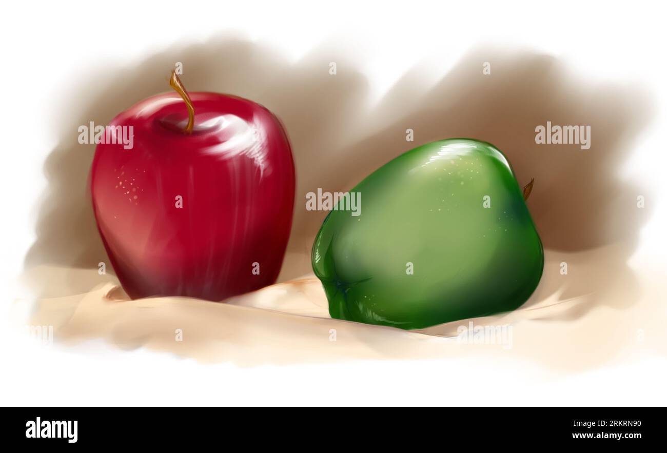 Rote und grüne Äpfel auf cremefarbener Tischdecke. Stockfoto