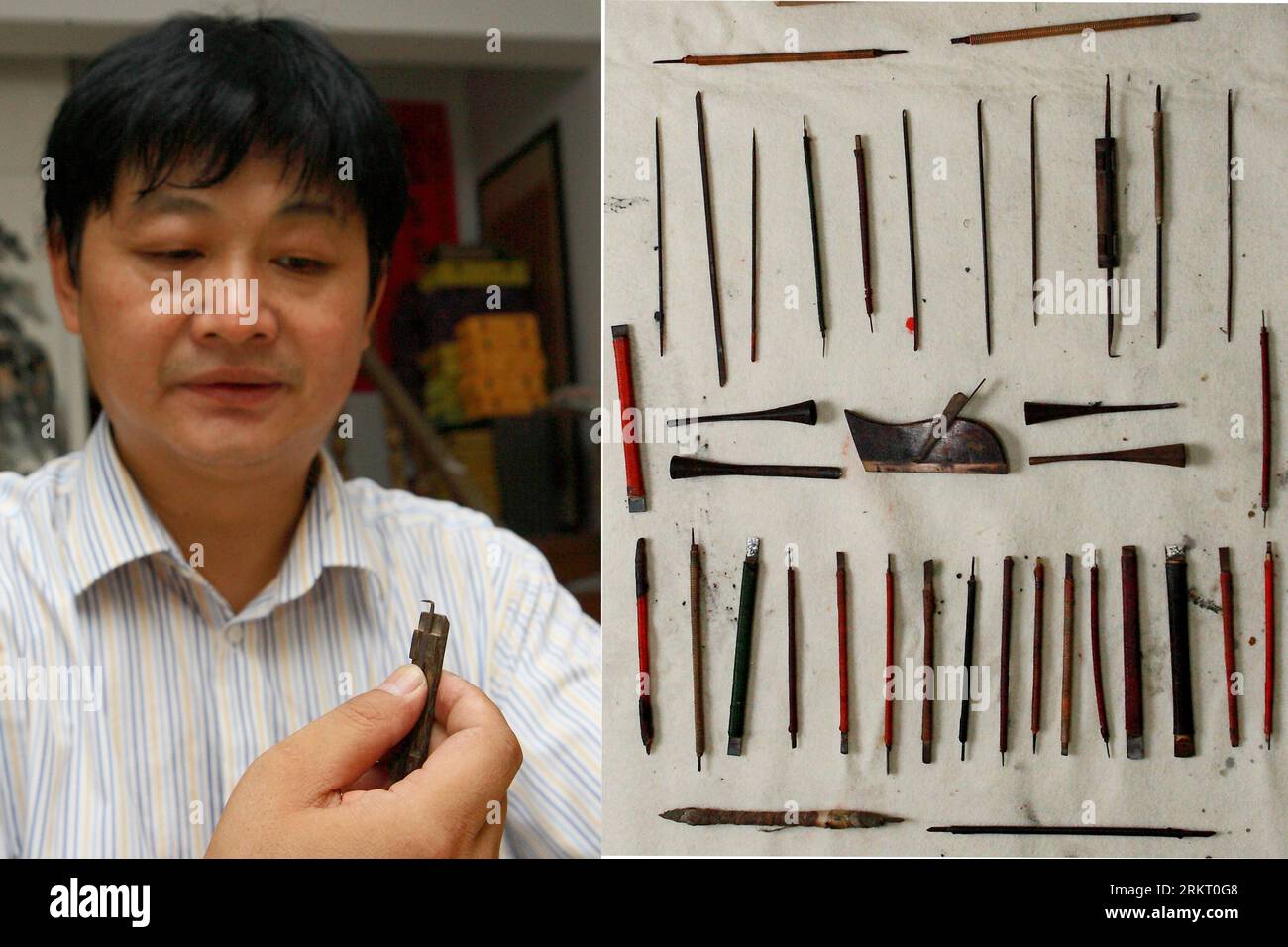 Bildnummer: 58338526 Datum: 12.08.2012 Copyright: imago/Xinhua (120812) -- HEFEI, 12. August 2012 (Xinhua) -- das am 8. August 2012 aufgenommene Combo-Foto zeigt Xiang Sheah (L) und den ganzen Satz seiner Werkzeuge für die Tintentickherstellung im Bezirk Shexian der ostchinesischen Provinz Anhui, 8. August 2012. Der 43-Jährige Xiang Shdak führte die Handwerkskunst des Entwerfens und der Herstellung von Tintenstiften von seinem Vater fort, einem leitenden Handwerker in diesem Geschäft. Xiang begann 1987 sein eigenes Tintenstifthandel. Nach 20 Jahren Forschung und Entwicklung förderte Xiang die traditionelle Technologie und entwickelte eine Reihe neuer Muster de Stockfoto