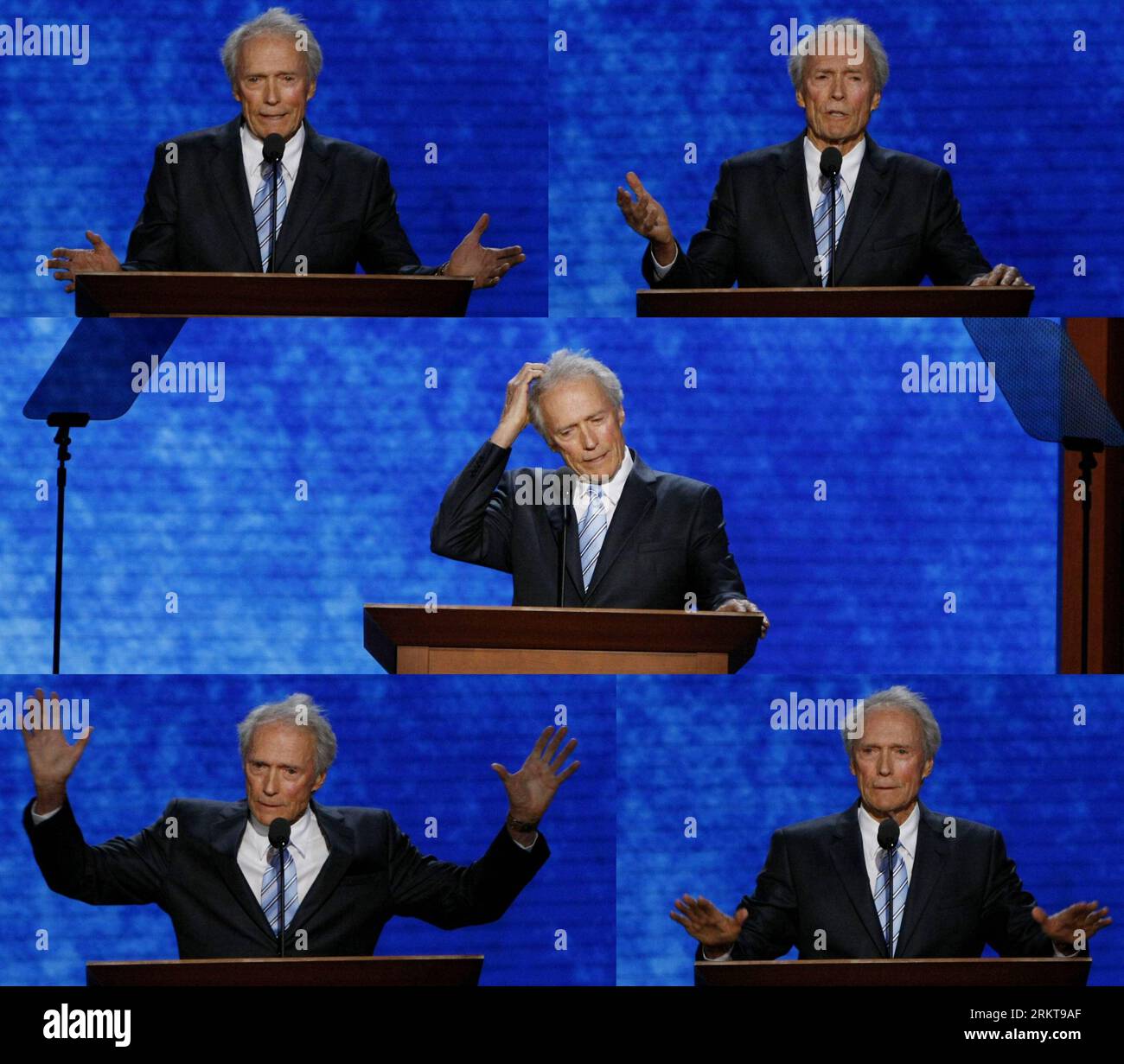 Bildnummer: 58410253 Datum: 30.08.2012 Copyright: imago/Xinhua TAMPA, 30. August 2012 - das Kombo-Foto zeigt den Hollywood-Schauspieler Clint Eastwood, der während der Republican National Convention in Tampa, Florida, USA, am 30. August 2012 mit dem Publikum sprach. (Xinhua/Fang Zhe) (msq) US-TAMPA-REPUBLICAN-NATIONAL CONVENTION-CLINT EASTWOOD PUBLICATIONxNOTxINxCHN People Kultur Entertainment Politik xda x0x Premiere 2012 Quadrat o00 Stuhl 58410253 Datum 30 08 2012 Copyright Imago XINHUA Tampa August 30 2012 das Combo Photo zeigt den Hollywood-Schauspieler Clint Eastwood, der mit der spricht Stockfoto