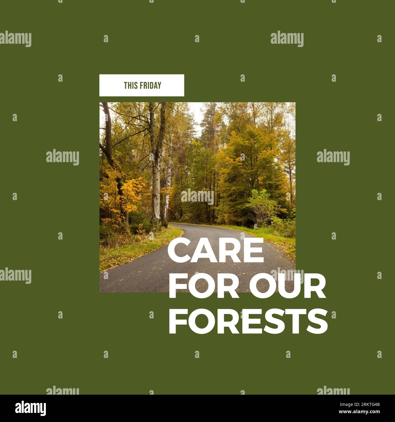 Komposit von diesem freitag, kümmern Sie sich um unsere Wälder Text über leere Straße inmitten üppiger Bäume im Wald Stockfoto