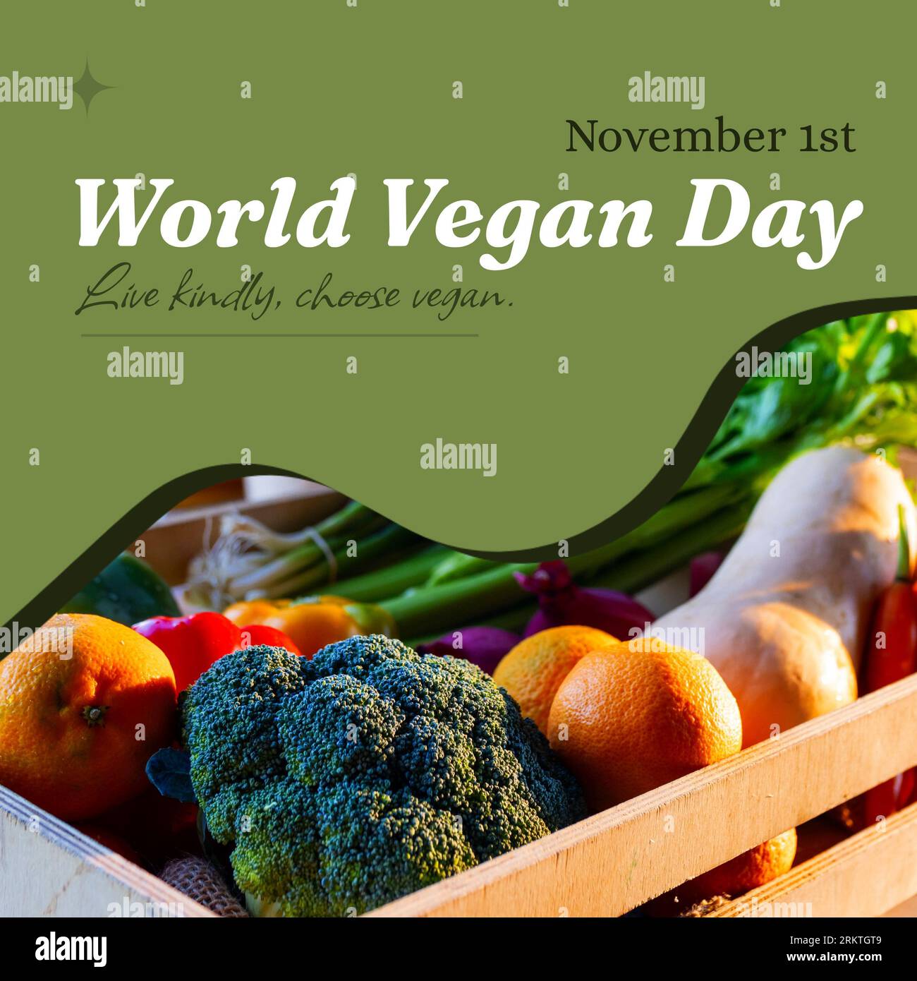 November, Welt veganer Tag, Leben Sie freundlich, wählen Sie vegan mit verschiedenen frischen Obst und Gemüse Stockfoto