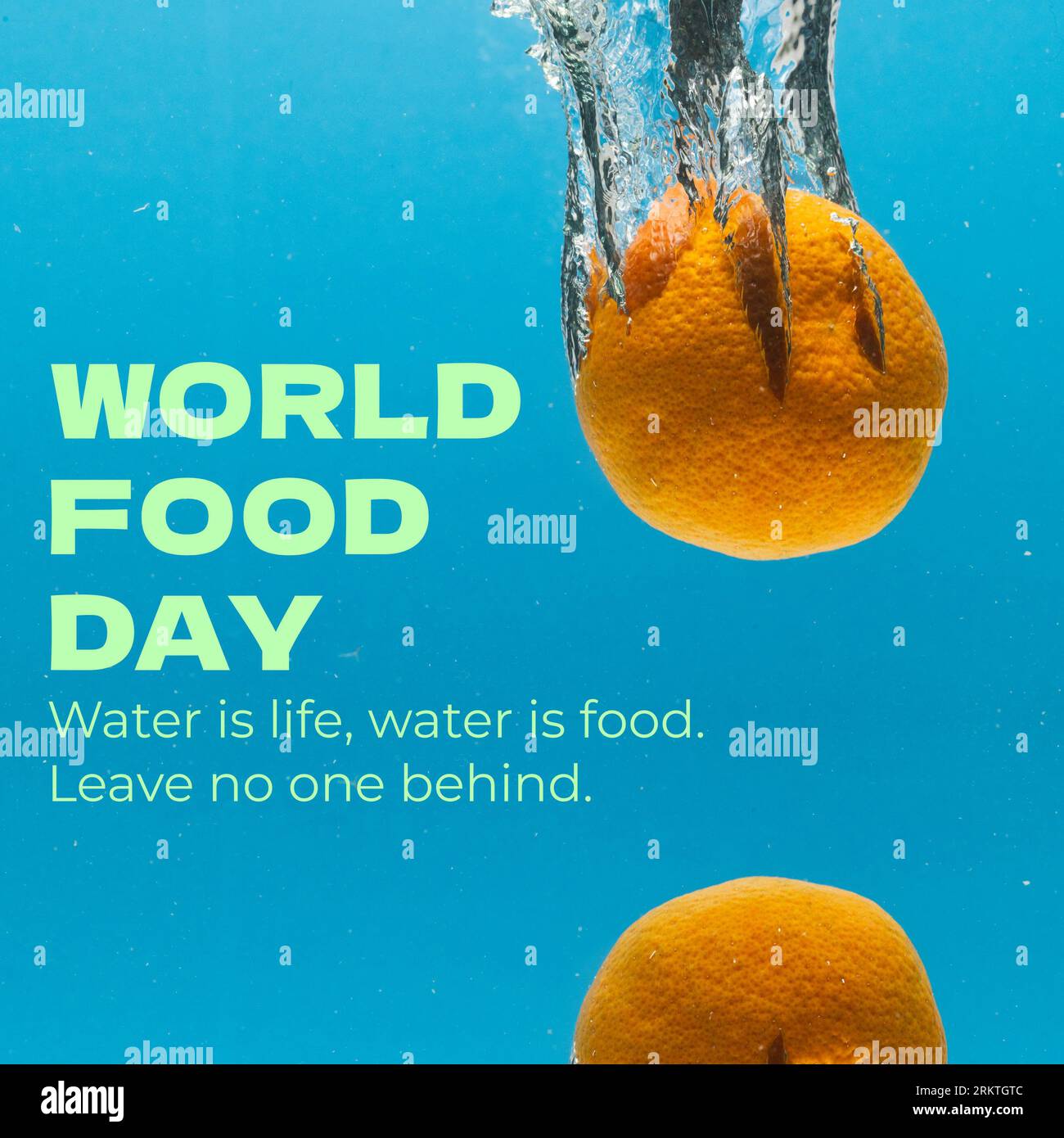 Welternährungstag und Wasser ist Leben, Wasser ist Nahrung, lassen Sie niemanden hinter sich über Orangen, die ins Wasser fallen Stockfoto