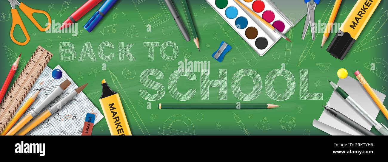 Zurück zur Schule grünes Tafel Banner mit Stiften Stifte Marker Aquarellfarben und Schreibwaren realistische Vektor-Illustration Stock Vektor