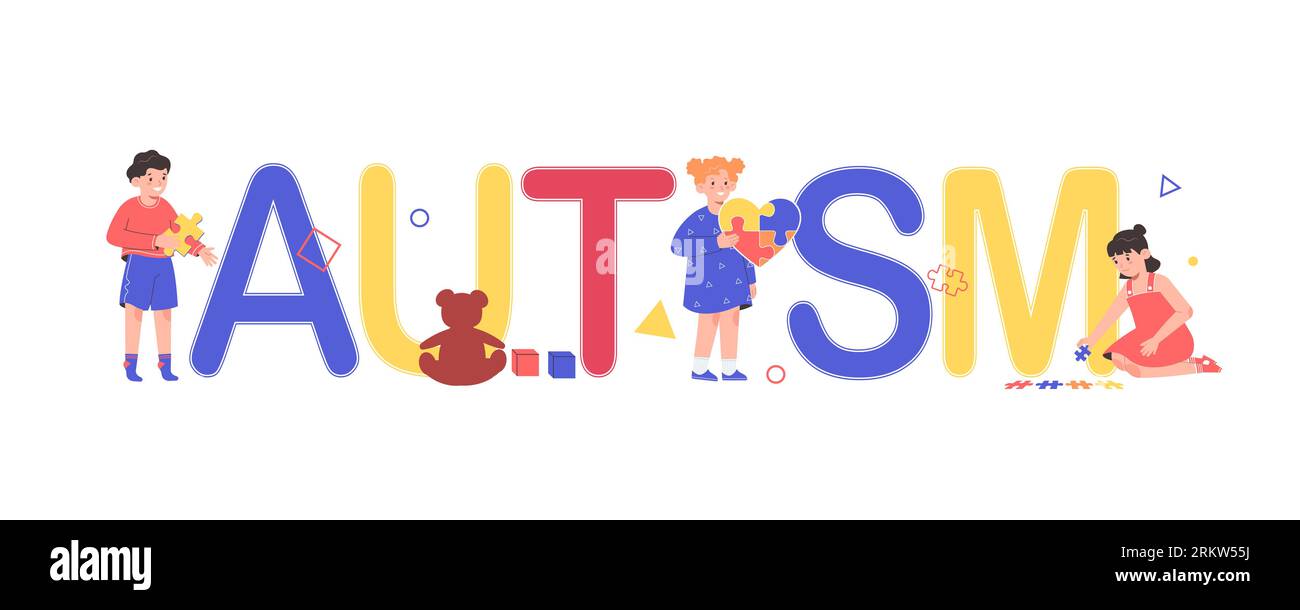 Autismus-Textkomposition im flachen Stil mit Kindern, die bunte Puzzleteile in Vektorillustration halten Stock Vektor