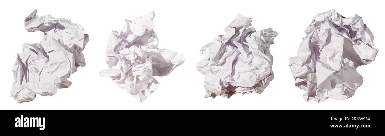 Set mit 4 Kugeln weißes, zerknittertes Papier, isoliert auf weißem Hintergrund Stockfoto