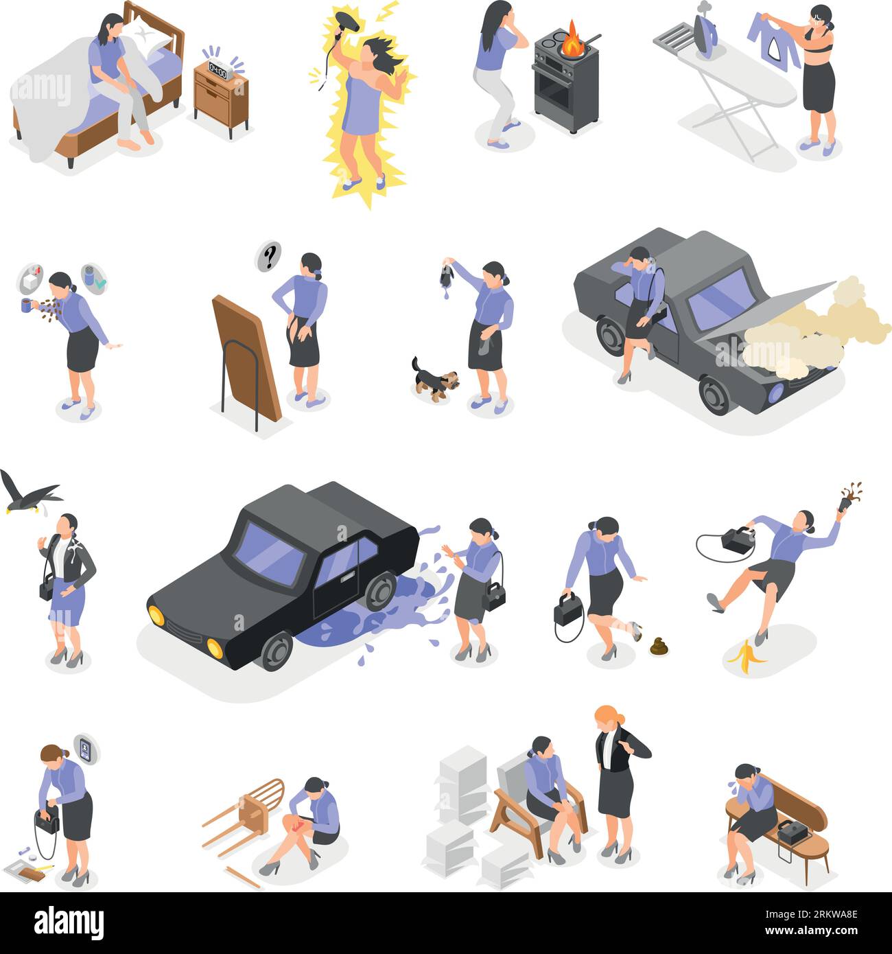 Unlucky day isometric icons with unhappy people because of unpleasant events home in office and outdoors isolated vector illustration Stock Vektor