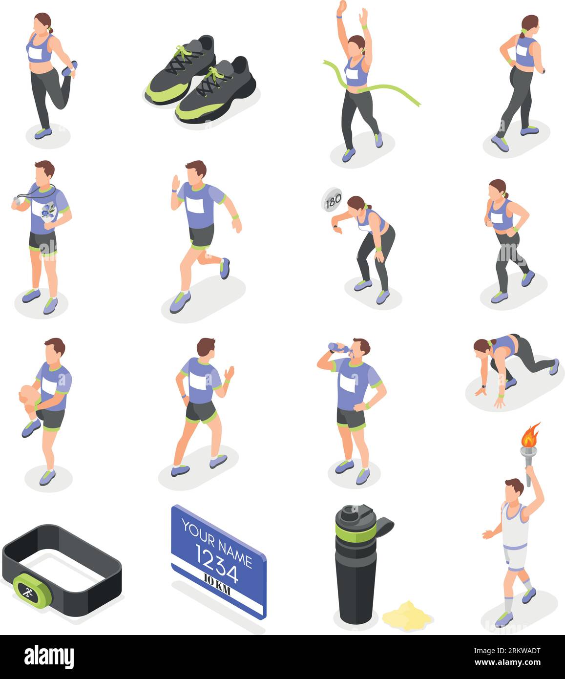 Isometrische Symbole für Marathonläufer Set von Laufsportlern und Sportgeräten isolierte Vektorillustration Stock Vektor