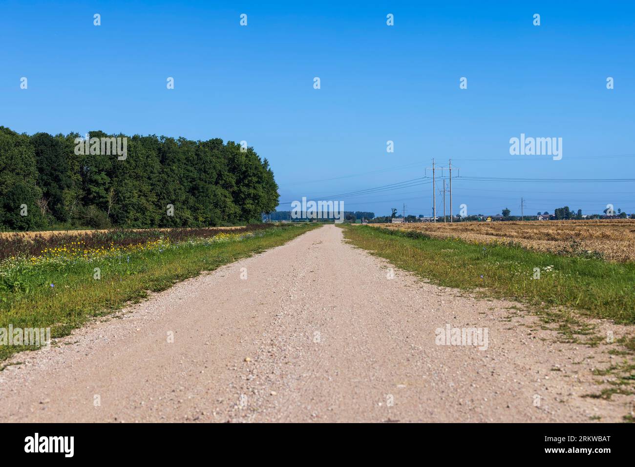Unbefestigte Autobahn in ländlichen Gebieten, Teil einer einfachen Straße in ländlichen Gebieten ohne hochwertige Straßenoberfläche Stockfoto