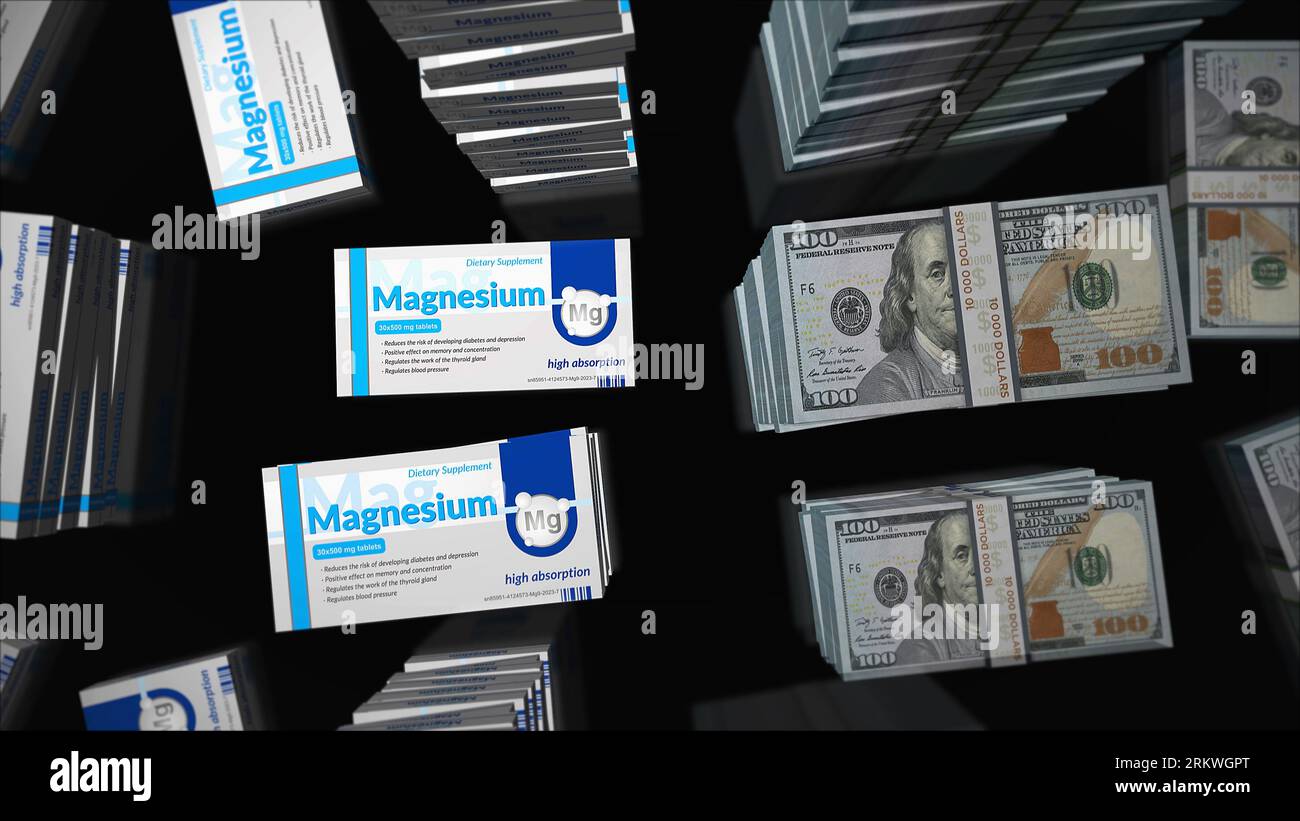 Magnesium Tablets Box und US Dollar Geld Bundle Stacks. Unterstützung der Produktion von Speicher- und Konzentrationspillen. Abstraktes Konzept 3D-Illustration. Stockfoto