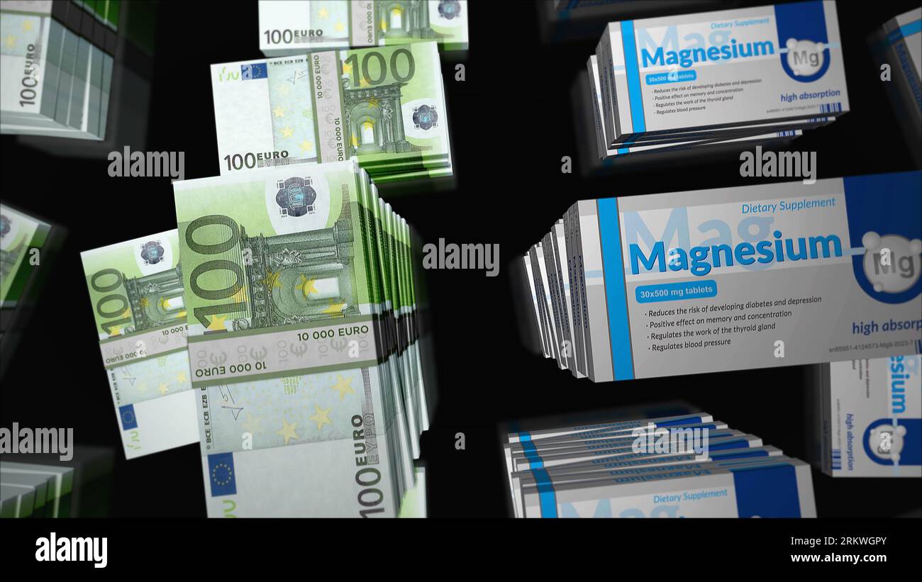 Magnesium-Tablettenbox und Euro-Geld-Bundle. Unterstützung der Produktion von Speicher- und Konzentrationspillen. Abstraktes Konzept 3D-Illustration. Stockfoto