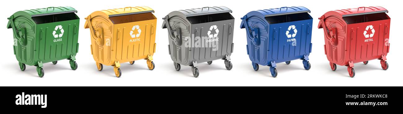 Müllcontainer mit separatem Müll. Abfalleimer für Kunststoff, Glas, Papier und Bio. Konzept der Trennung von Abfall und Müll.3D Illustration Stockfoto