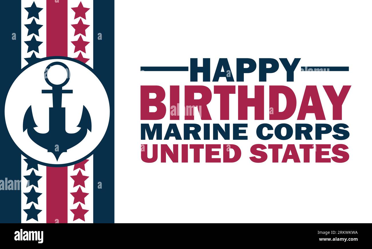 Happy Birthday Marine Corps United States. Urlaubskonzept. Vorlage für Hintergrund, Banner, Karte, Poster mit Textbeschriftung. Vektor Stock Vektor