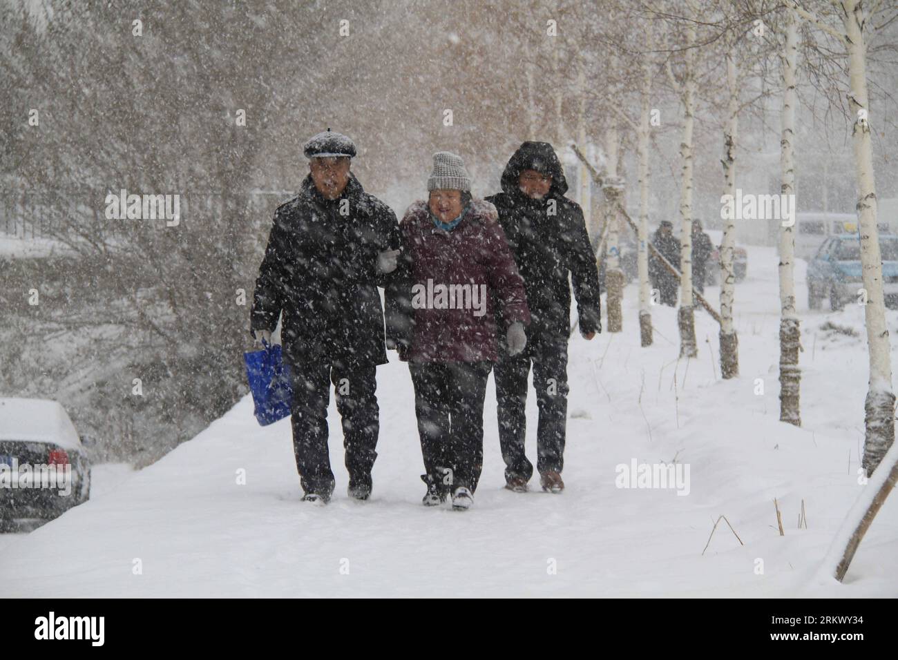 Bildnummer: 58799435 Datum: 26.11.2012 Copyright: imago/Xinhua (121126) -- ALTAY, Nov. 26, 2012 (Xinhua) -- Citizens Walk in the Snow on a Street in Altay, Nordwestchina s Xinjiang Uygur Autonomous Region, Nov. 26, 2012. Seit letztem Montag ist Altay von starkem Schnee heimgesucht worden, was den Hirten und dem Verkehr hier Unannehmlichkeiten bereitet. (Xinhua/Tang Xiaobo) (yxb) CHINA-XINJIANG-ALTAY-SNOW(CN) PUBLICATIONxNOTxINxCHN Gesellschaft Wetter Jahreszeit Winter Schnee x0x xmb 2012 quer 58799435 Datum 26 11 2012 Copyright Imago XINHUA Altay Nov 26 2012 XINHUA Citizens Walk in the Snow ON a Street in Altay Northwes Stockfoto