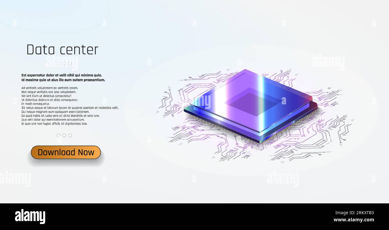 Futuristischer Mikrochip-Prozessor mit Lichtern auf blauem Hintergrund. Quantencomputer, Computerprozessor mit digitalem Chip und elektronischen Komponenten ein Stock Vektor